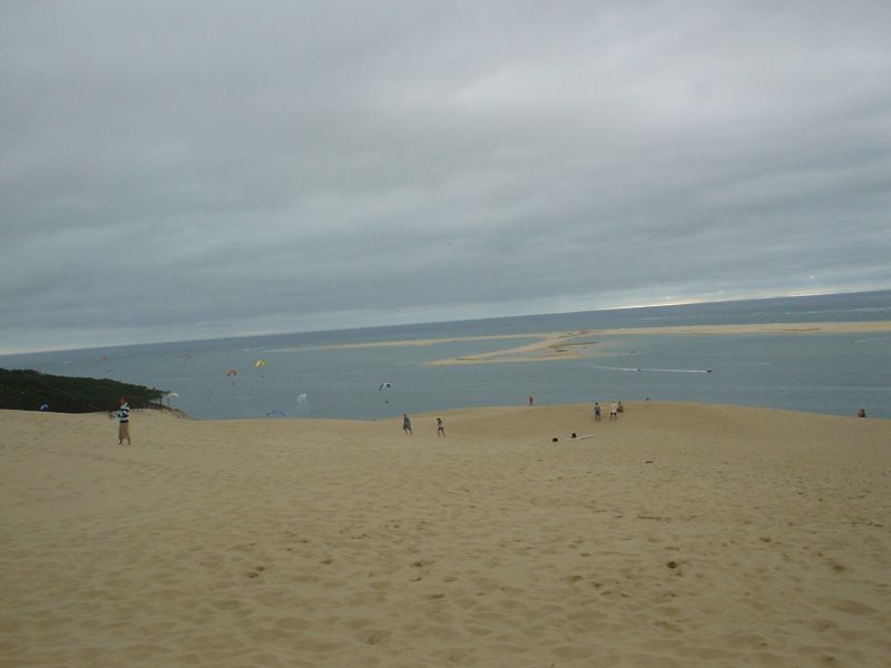 Foto 2: Blick von der Düne auf den Atlantik mit der Lagune und links einige Gleitschirme